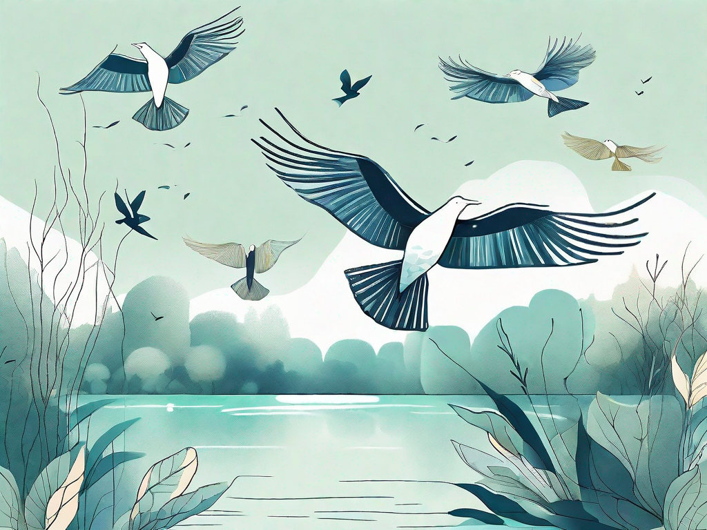 a serene lake ecosystem teeming with diverse aquatic life, surrounded by lush vegetation and a variety of birds in flight, hand-drawn abstract illustration for a company blog, white background, professional, minimalist, clean lines, faded colors