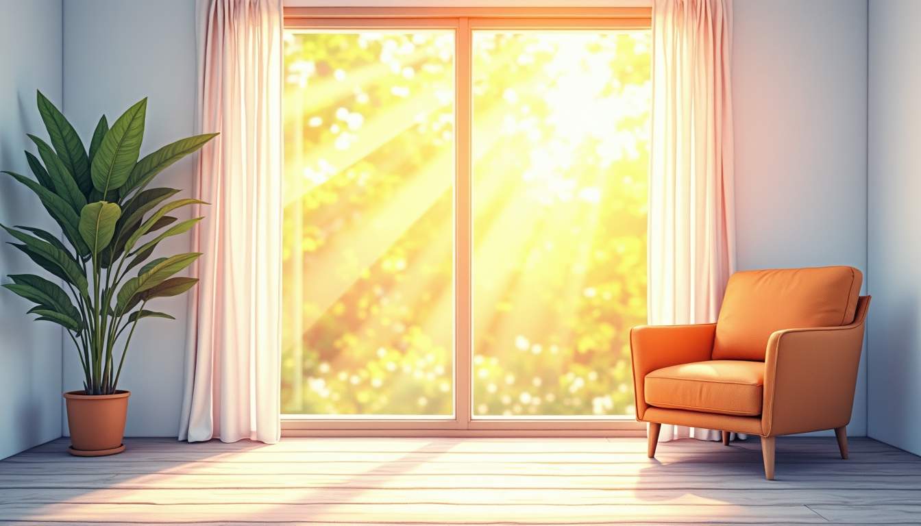 an indoor scene showing sunlight streaming through a tinted window, highlighting the contrast between the UV rays outside and the protected, comfortable interior, with a visual representation of UV rays being blocked by the tint, hand-drawn abstract illustration for a company blog, white background, professional, minimalist, clean lines, faded colors