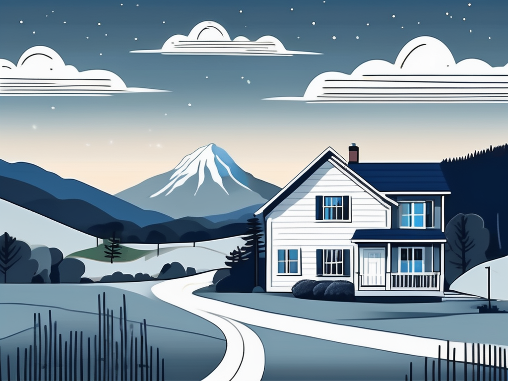 a tidy, sparkling clean house in the Mount Airy region, with cleaning tools like a mop, broom, and bucket nearby, and a backdrop of the scenic Mount Airy landscape, hand-drawn abstract illustration for a company blog, white background, professional, minimalist, clean lines, deep blue and slate a tidy, sparkling clean house in the Mount Airy region, with cleaning tools like a mop, broom, and bucket nearby, and a backdrop of the scenic Mount Airy landscape, hand-drawn abstract illustration for a company blog, white background, professional, minimalist, clean lines, deep blue and slate