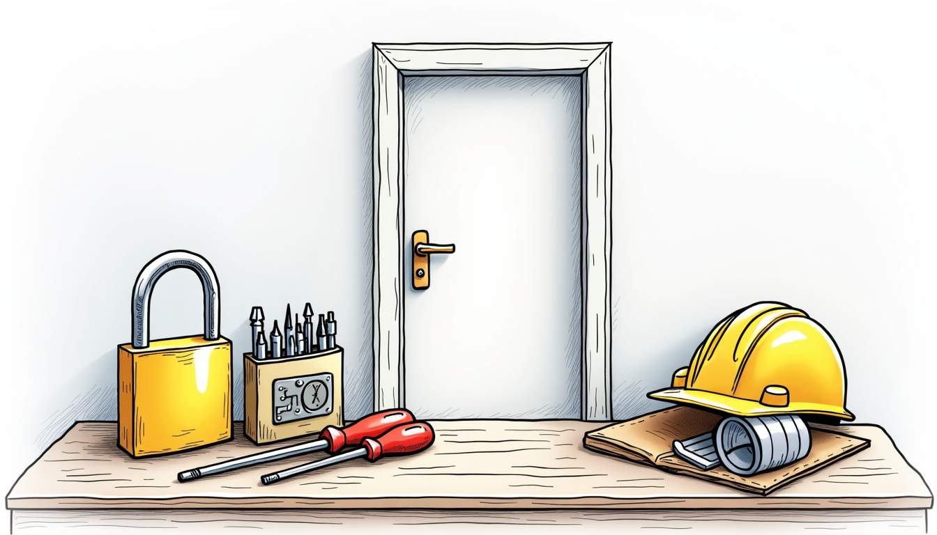 an assortment of cost-effective lock and door repair tools and materials arranged on a workbench, highlighting items like a sturdy padlock, a set of screwdrivers, a door frame repair kit, and safety gear, all set against a backdrop of a partially open door to symbolize security and safety, hand-drawn abstract illustration for a company blog, white background, professional, minimalist, clean lines, faded colors