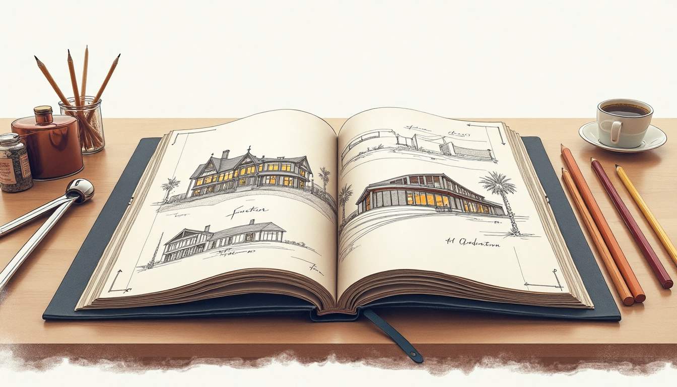 an elegant architectural portfolio spread open on a wooden table, showcasing detailed presentation drawings, sketches, and blueprints, surrounded by drafting tools like a compass, ruler, and pencils, all set against a backdrop of a softly lit studio environment, hand-drawn abstract illustration for a company blog, white background, professional, minimalist, clean lines, faded colors