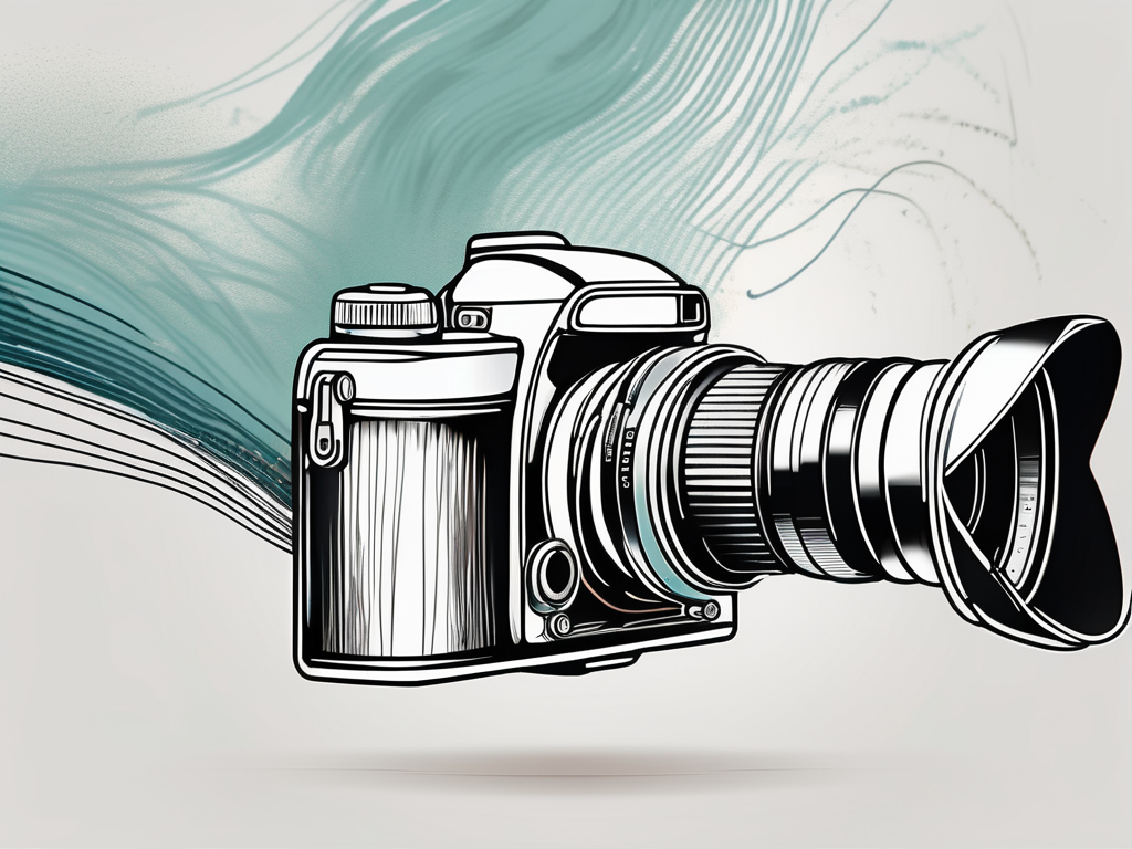 a camera with sound waves emanating from it, symbolizing the word-of-mouth concept in the context of a photography business, hand-drawn abstract illustration for a company blog, white background, professional, minimalist, clean lines, faded colors