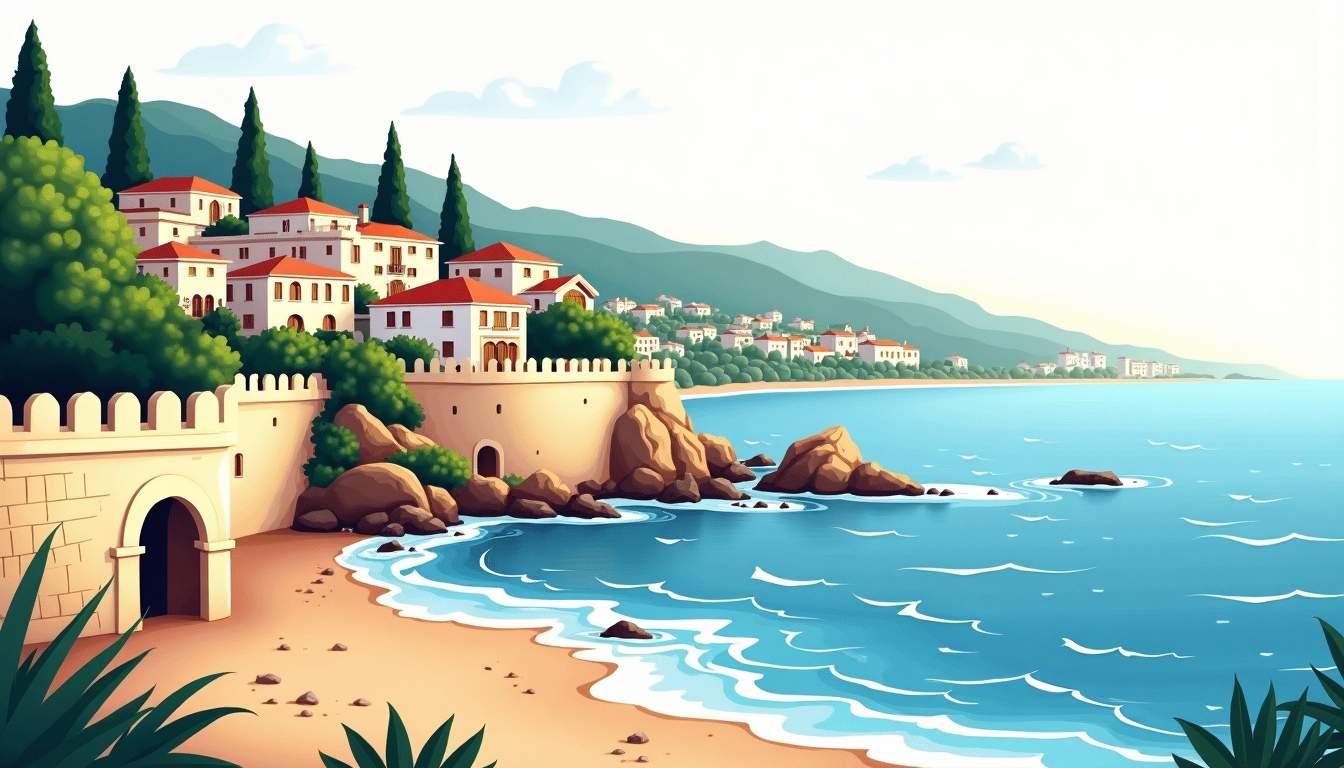 an enchanting coastal scene that juxtaposes the ancient stone walls of Antibes with the vibrant, modern elements of the Riviera, featuring lush greenery, the sparkling Mediterranean Sea, and a backdrop of contemporary architecture, hand-drawn abstract illustration for a company blog, white background, professional, minimalist, clean lines, faded colors