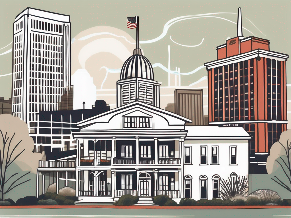 various types of accommodations like a grand hotel, charming bed and breakfast, and a unique vacation rental, all set against the backdrop of iconic Nashville landmarks such as the Grand Ole Opry and the Nashville skyline, hand-drawn abstract illustration for a company blog, white background, professional, minimalist, clean lines, faded colors