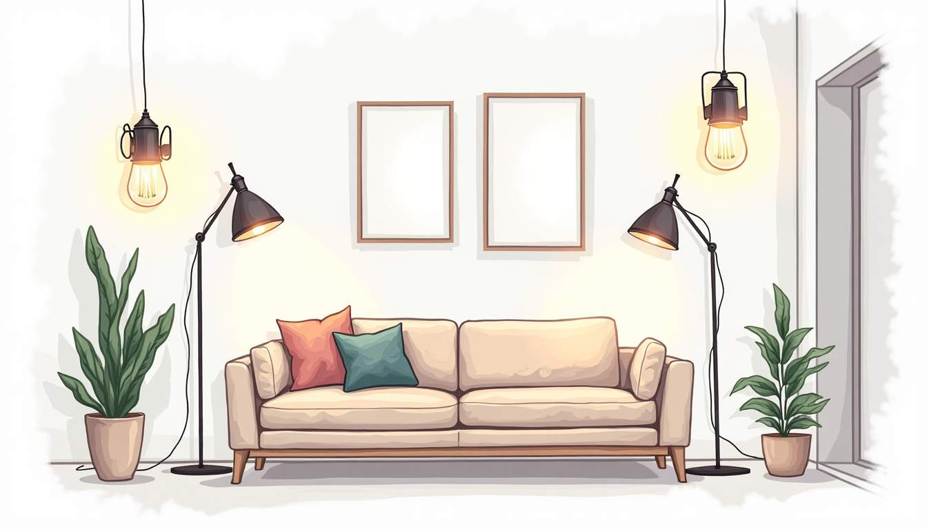 a stylishly designed HDB flat interior showcasing various types of lighting fixtures, such as ceiling lights, floor lamps, and wall sconces, highlighting the ambiance and functionality they bring to the space, hand-drawn abstract illustration for a company blog, white background, professional, minimalist, clean lines, faded colors