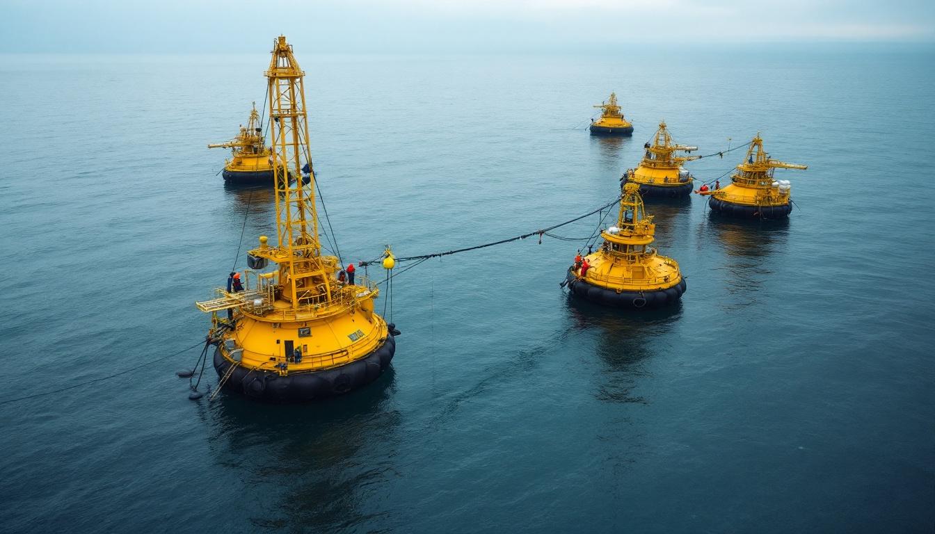 Large yellow offshore mooring buoys connected by cables on open water, used for stabilizing marine operations.
