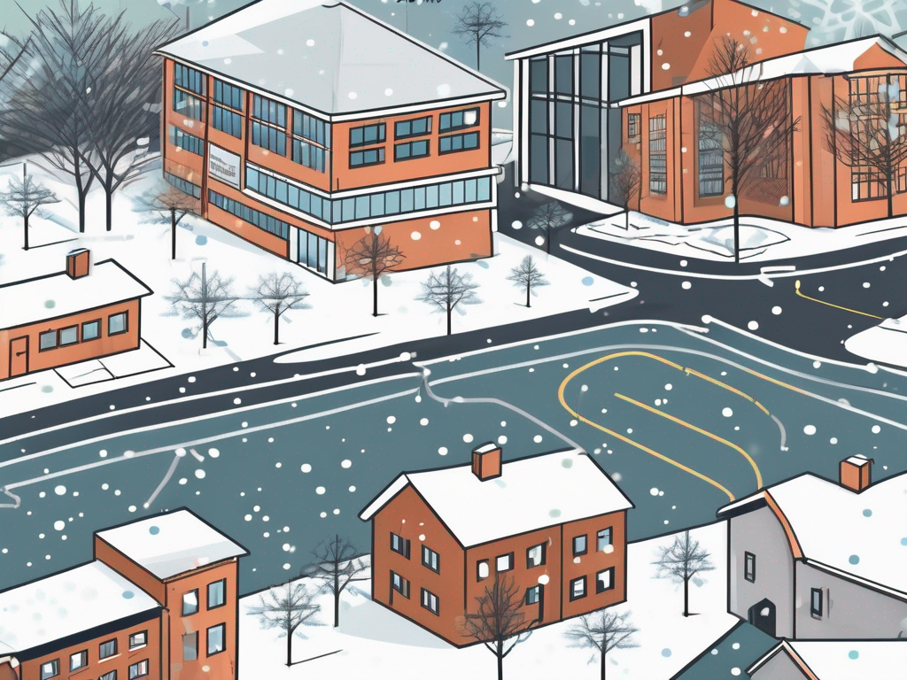 a digital predictor tool surrounded by various Canadian school buildings, with snowflakes falling, symbolizing possible school closures due to weather conditions, hand-drawn abstract illustration for a company blog, white background, professional, minimalist, clean lines, faded colors