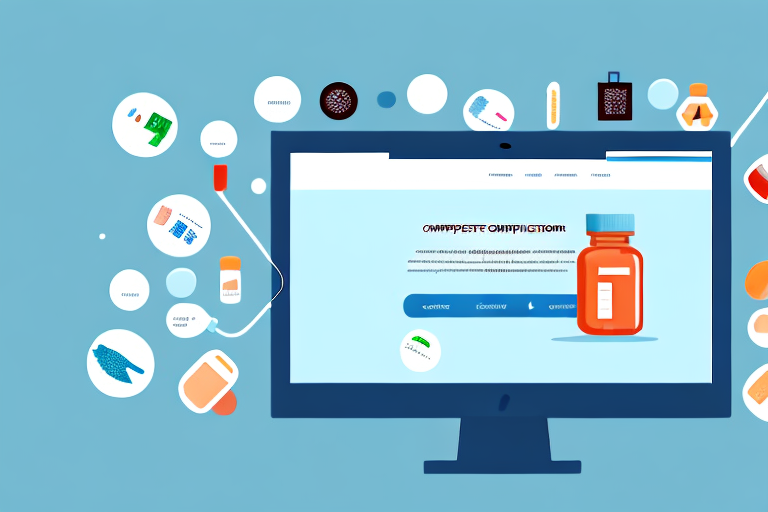 a computer screen displaying a pharmacy website interface with various medicinal icons and a chat box symbolizing online consultation, hand-drawn abstract illustration for a company blog, in style of corporate memphis, faded colors, white background, professional, minimalist, clean lines