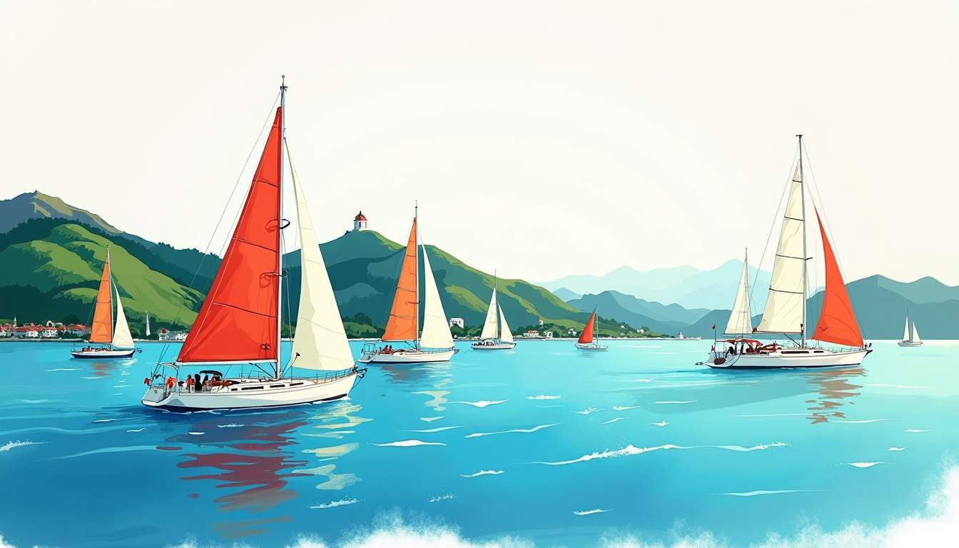 a vibrant coastal scene featuring a variety of sailboats gliding through the sparkling blue waters off the coast of Puerto Vallarta, with lush green hills and iconic landmarks in the background, capturing the essence of a stylish sailing adventure, hand-drawn abstract illustration for a company blog, white background, professional, minimalist, clean lines, faded colors