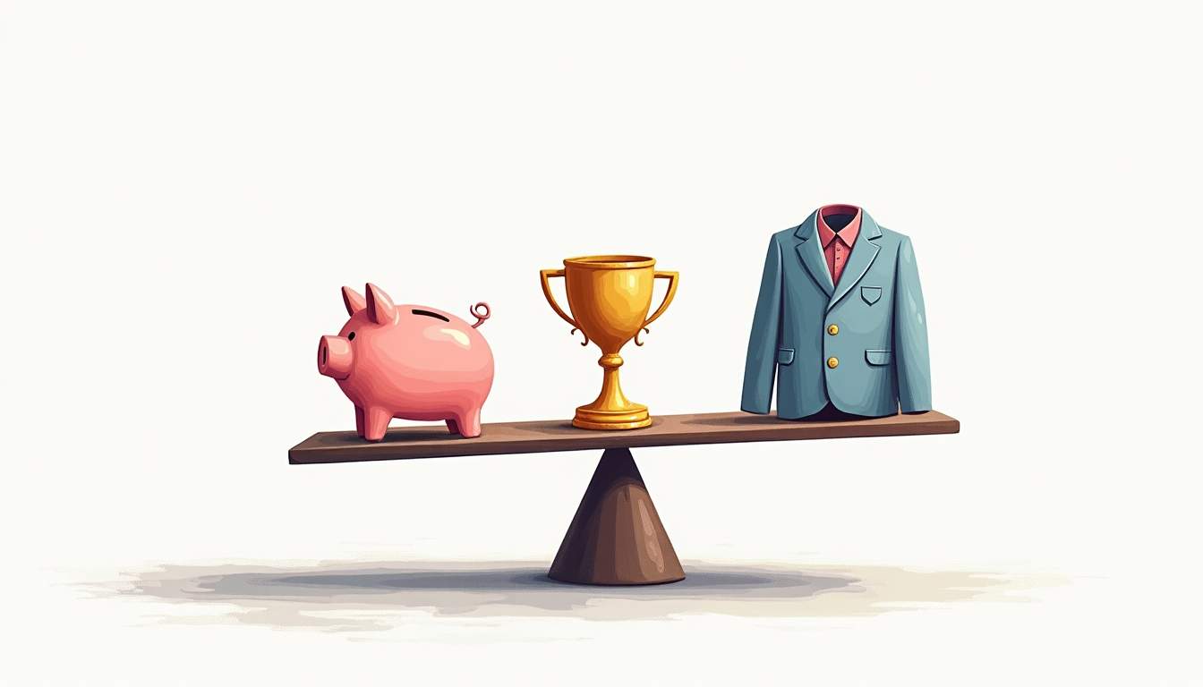 an elegant scale balancing three distinct objects representing cost (a piggy bank), quality (a shiny trophy), and style (a stylish piece of clothing), set against a minimalist background that emphasizes harmony and balance, hand-drawn abstract illustration for a company blog, white background, professional, minimalist, clean lines, faded colors