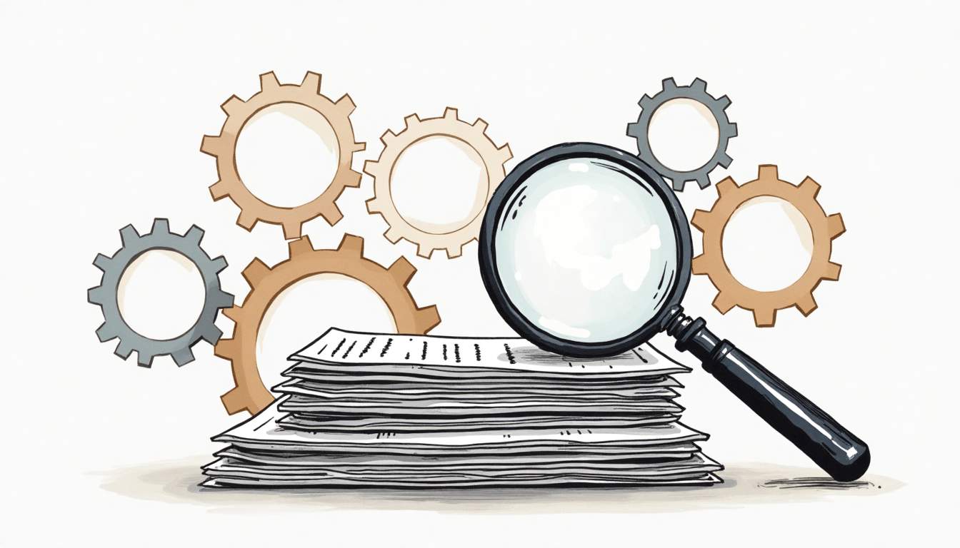 a magnifying glass hovering over a stack of documents and financial reports, with a background of interconnected gears symbolizing the intricate process of due diligence in mergers, hand-drawn abstract illustration for a company blog, white background, professional, minimalist, clean lines, faded colors
