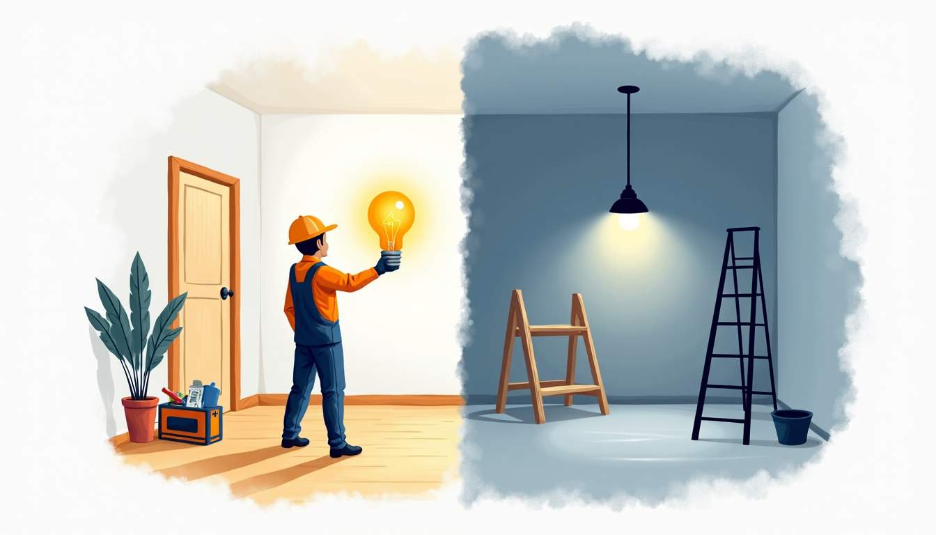 a split scene showing a bright, well-lit room with a glowing light bulb being replaced by a professional electrician on one side, and a dimly lit room with a DIY toolkit and a ladder on the other side, highlighting the contrast between DIY efforts and professional assistance, hand-drawn abstract illustration for a company blog, white background, professional, minimalist, clean lines, faded colors