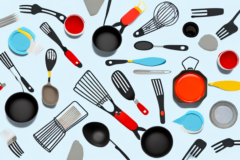 a pair of nitrile gloves next to a variety of cooking utensils and ingredients, emphasizing the gloves' resistance to heat and potential hazards in the kitchen, hand-drawn abstract illustration for a company blog, in style of corporate memphis, faded colors, white background, professional, minimalist, clean lines