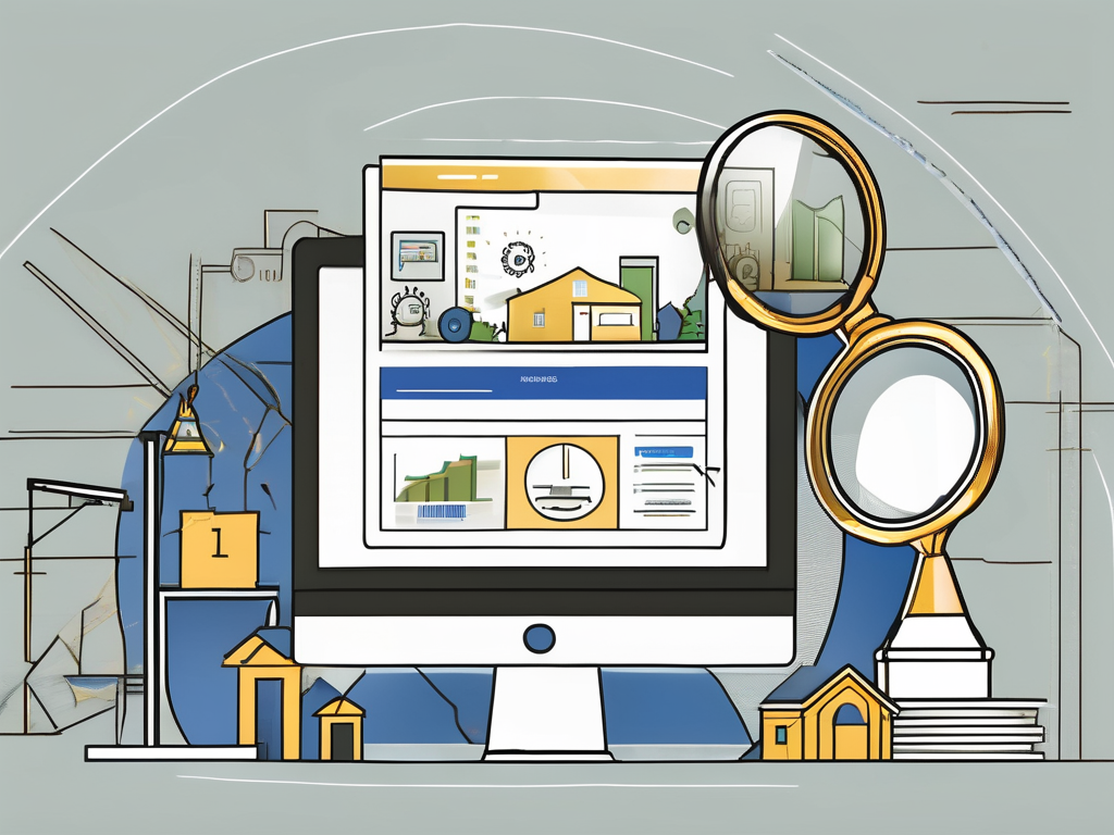 a computer displaying a Zillow webpage with various properties, surrounded by symbolic elements like a magnifying glass, a 'sold' sign, and a trophy, indicating the success and dominance in online real estate marketing, hand-drawn abstract illustration for a company blog, white background, professional, minimalist, clean lines, faded colors