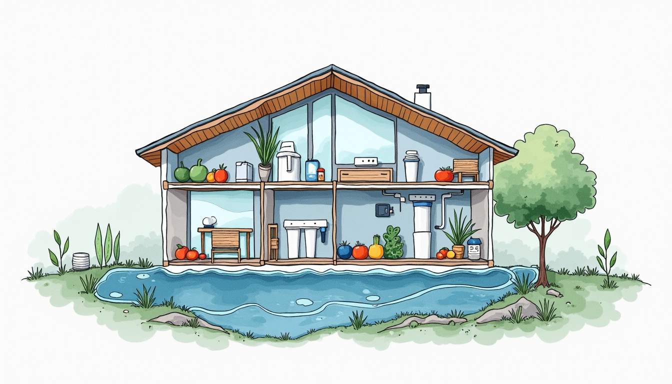 Draw an illustration of a modern home with a detailed cross-section showcasing various water filtration systems, including under-sink filters, whole-house systems, and countertop units, surrounded by elements symbolizing clean water, such as flowing streams and fresh produce, hand-drawn abstract illustration for a company blog, white background, professional, minimalist, clean lines, faded colors