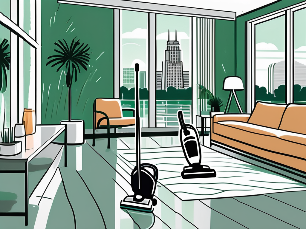 a pristine, well-organized home interior with various cleaning tools, such as a mop, vacuum cleaner, and duster, subtly placed around, with the backdrop of iconic Orlando landmarks like the Lake Eola fountain and palm trees visible through a large window, hand-drawn abstract illustration for a company blog, white background, professional, minimalist, clean lines, forest green and gray