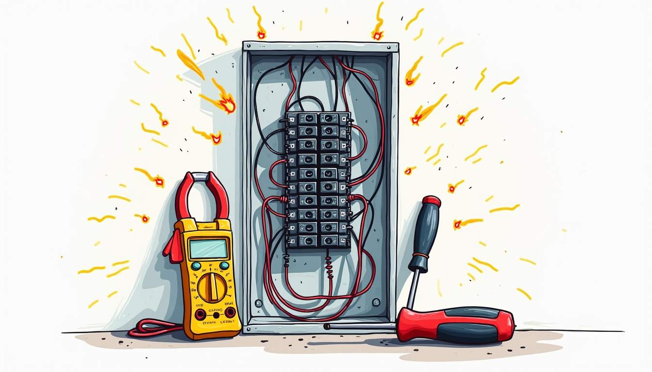 an electrical panel with visible warning signs, such as flickering lights, frayed wires, and a circuit breaker tripped, surrounded by tools like a multimeter and a screwdriver to emphasize the need for professional electrician services, hand-drawn abstract illustration for a company blog, white background, professional, minimalist, clean lines, faded colors