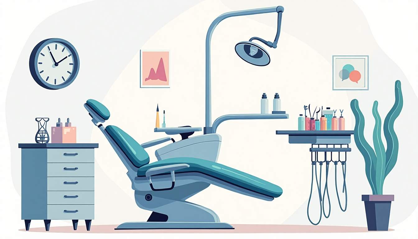 an emergency dental clinic setting, featuring a large, welcoming dental chair, a variety of dental tools neatly arranged on a tray, and a clock showing the time, symbolizing prompt care, all set against a calming backdrop with soft colors to evoke a sense of reassurance, hand-drawn abstract illustration for a company blog, white background, professional, minimalist, clean lines, faded colors