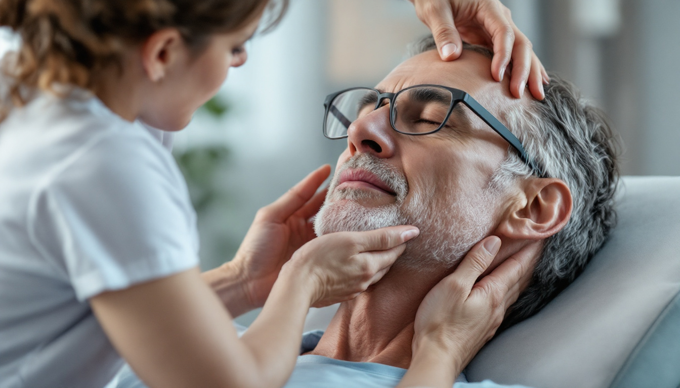 Fisioterapeuta realizando terapia manual en la mandíbula de un paciente