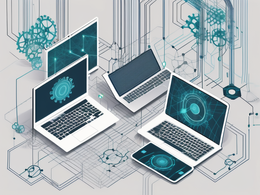 various technological devices like laptops, smartphones, and tablets interconnected with a network of digital lines, symbolizing connectivity, with a background of gears and tech elements to represent IT solutions, hand-drawn abstract illustration for a company blog, white background, professional, minimalist, clean lines, faded colors