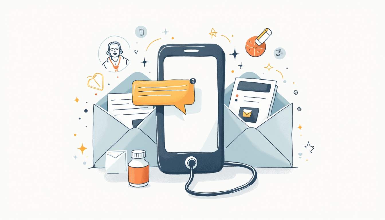 an open smartphone displaying a notification alert for a prescription refill alongside an email inbox with a highlighted message about the same prescription, surrounded by icons representing healthcare and medication, hand-drawn abstract illustration for a company blog, white background, professional, minimalist, clean lines, faded colors