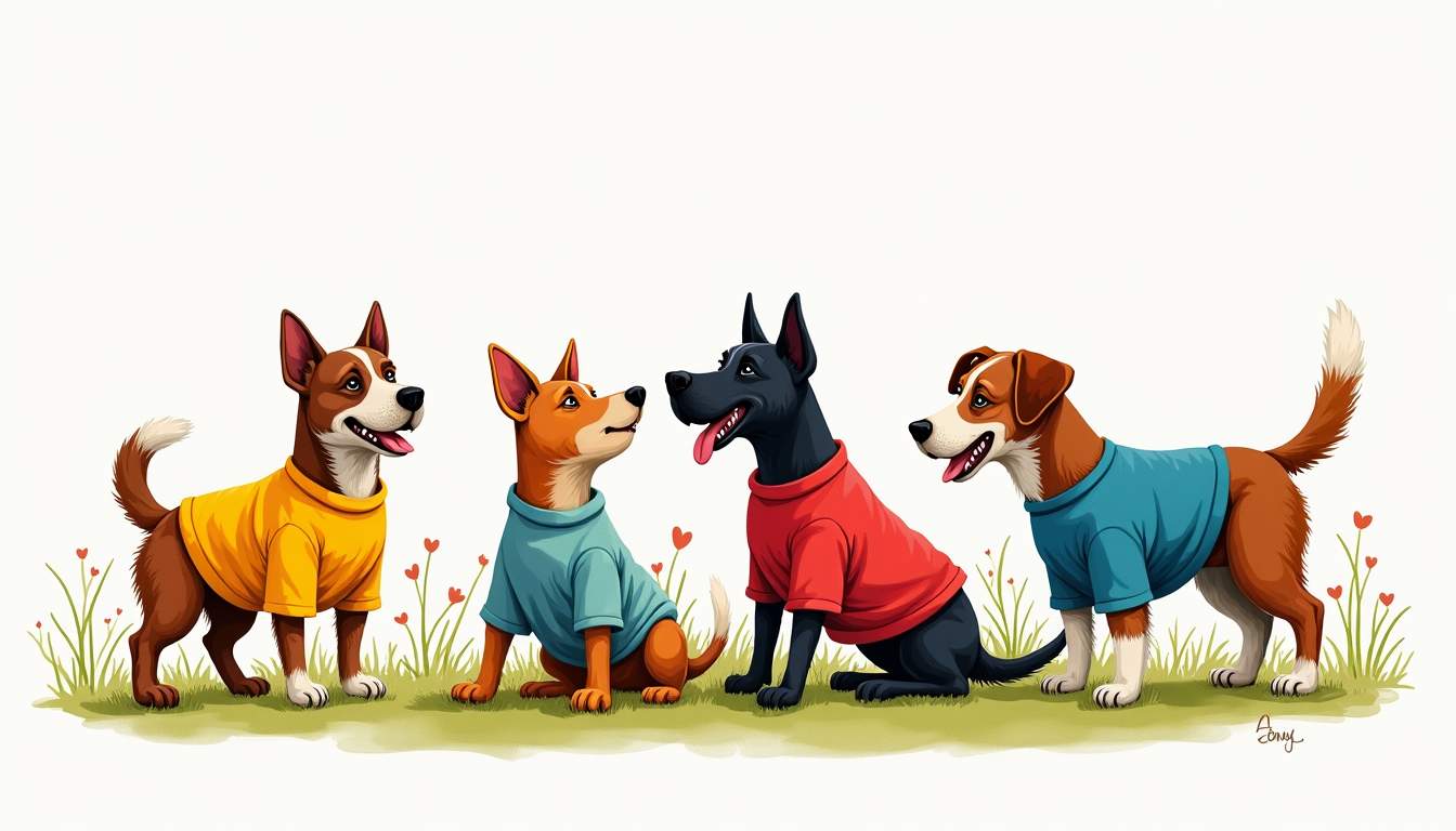 a playful scene featuring a variety of stylish dogs wearing colorful tees and sweatshirts in a vibrant park setting, showcasing different breeds and playful interactions with each other, hand-drawn abstract illustration for a company blog, white background, professional, minimalist, clean lines, faded colors