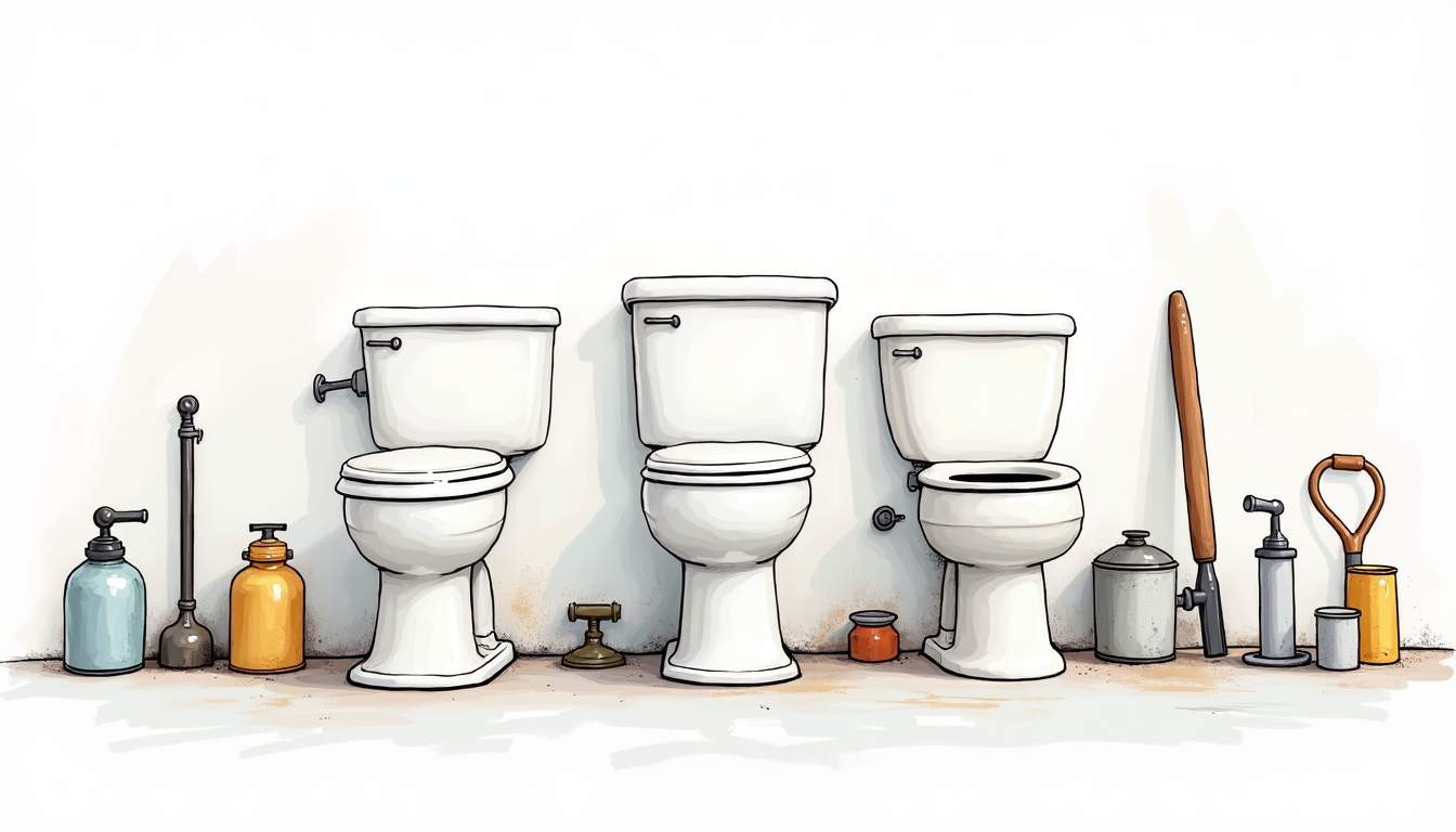 an array of toilet fixtures, including a modern toilet, a vintage-style toilet, and various replacement parts like flush handles and seats, all set against a backdrop of tools and materials typically used for bathroom renovations, hand-drawn abstract illustration for a company blog, white background, professional, minimalist, clean lines, faded colors