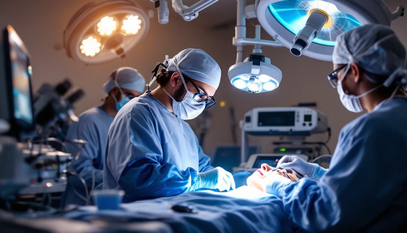 a photograph of a surgeon performing cataract surgery in a sterile operating room, highlighting the precision of the procedure and the advanced technology used, while also showing the attentive medical team and the patient’s experience to convey the importance of quality care and the factors influencing surgery costs, photographic, realistic, for a startup's blog, low saturation, life-like realistic soft lighting 4k sigma 50mm f2.8