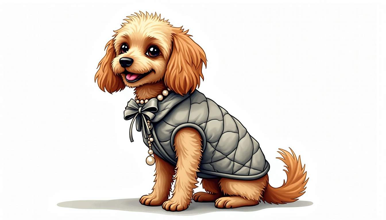 a stylish dog wearing a chic, Chanel-inspired coat adorned with classic quilted patterns, a faux pearl collar, and a fashionable bow, set against a luxurious backdrop that evokes a sense of elegance and sophistication, hand-drawn abstract illustration for a company blog, white background, professional, minimalist, clean lines, faded colors