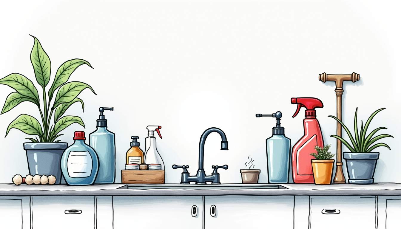 a clean and organized plumbing system with various plumbing tools and cleaning supplies arranged neatly around a sparkling sink, highlighting the importance of maintenance and cleanliness in home plumbing, hand-drawn abstract illustration for a company blog, white background, professional, minimalist, clean lines, faded colors