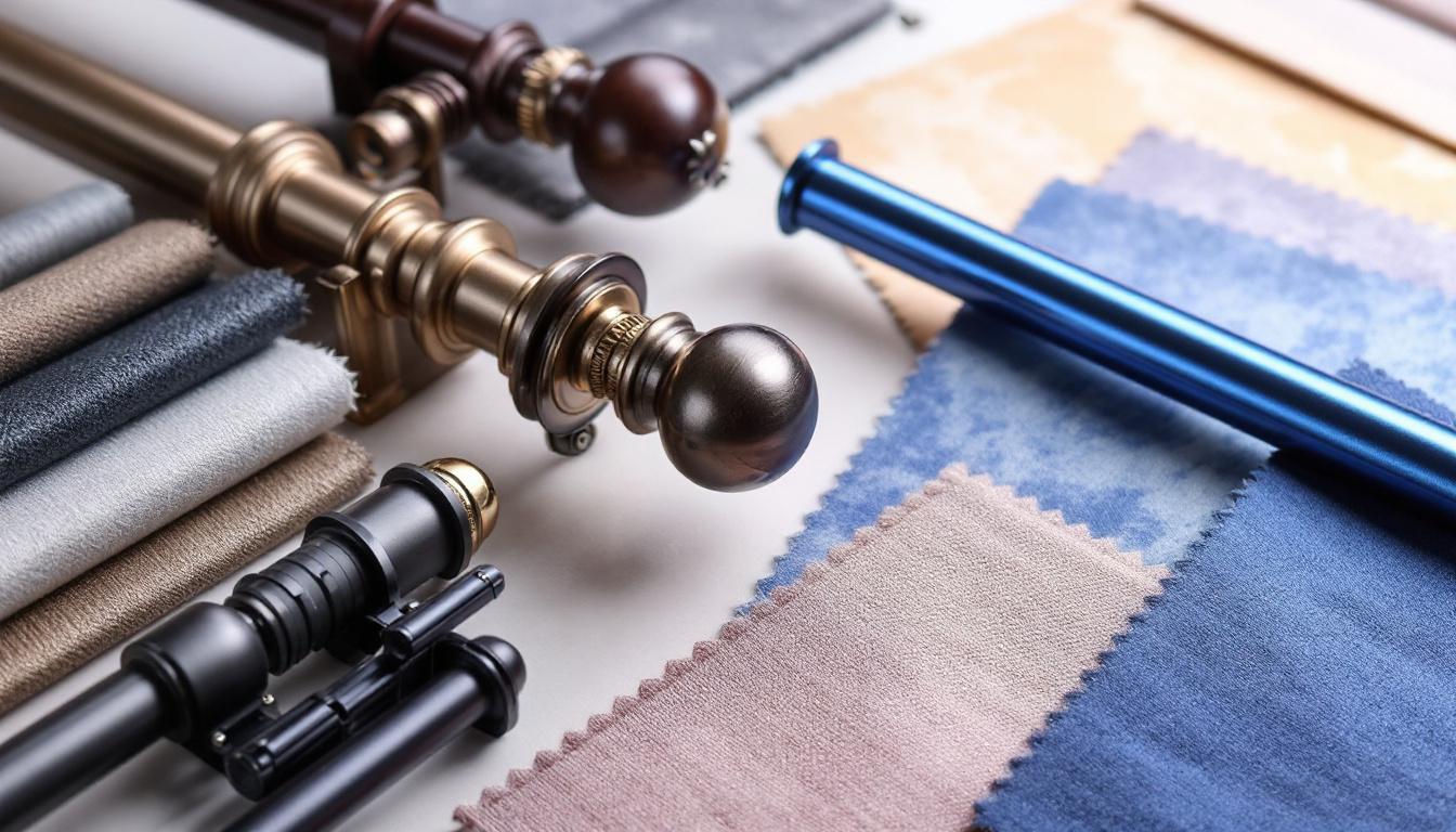 Cztery metalowe karnisze z próbkami zasłon w beżowych oraz niebieskich barwach