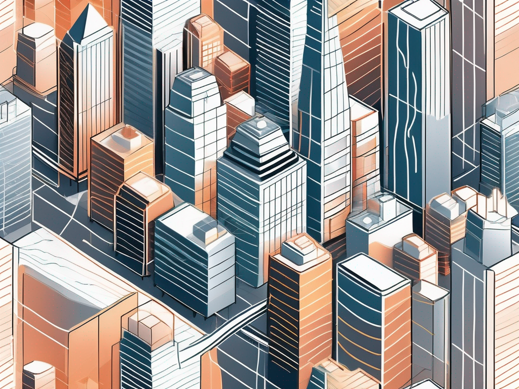 a dynamic, modern cityscape with various buildings symbolizing different IT services, interconnected with agile, glowing lines to represent the seamless integration and agility in business, hand-drawn abstract illustration for a company blog, white background, professional, minimalist, clean lines, faded colors
