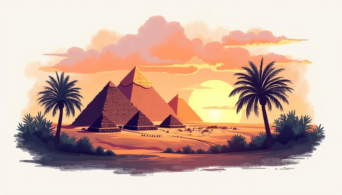 an iconic Egyptian landscape featuring the Pyramids of Giza in the foreground, with a vibrant sunset sky and palm trees framing the scene, capturing the essence of Egypt's rich history and natural beauty, hand-drawn abstract illustration for a company blog, white background, professional, minimalist, clean lines, faded colors