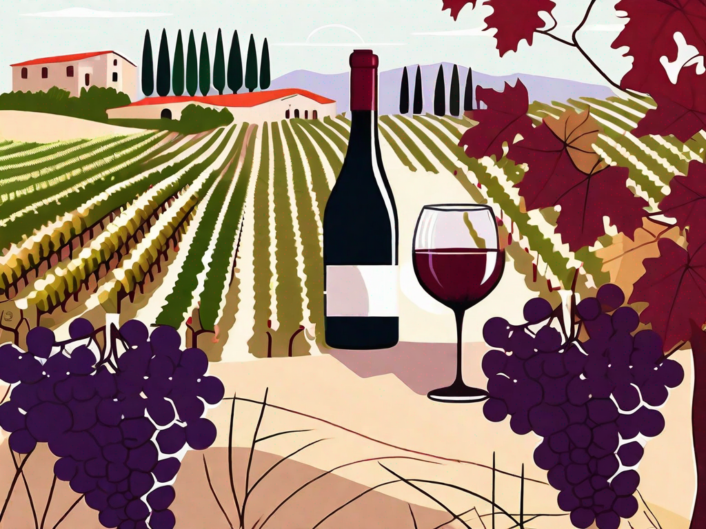 a picturesque Italian vineyard with various types of grape vines, a wine bottle, and a wine glass filled with red wine, all under a sunny Tuscan sky, hand-drawn abstract illustration for a company blog, white background, professional, minimalist, clean lines, faded colors