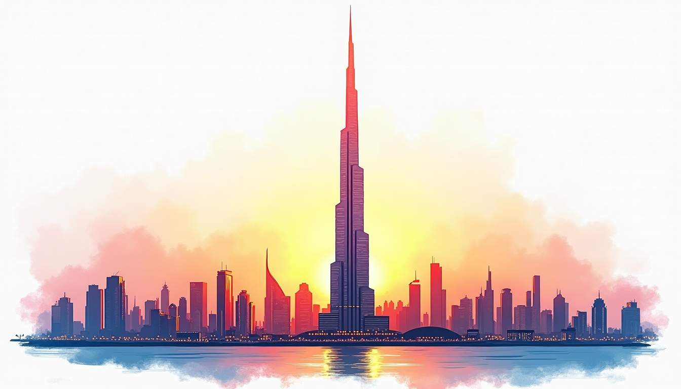 Draw an illustration of Creek Tower soaring majestically against a vibrant Dubai skyline, highlighting its unique architectural features and the surrounding modern cityscape, with a sunset casting warm hues across the scene, hand-drawn abstract illustration for a company blog, white background, professional, minimalist, clean lines, faded colors
