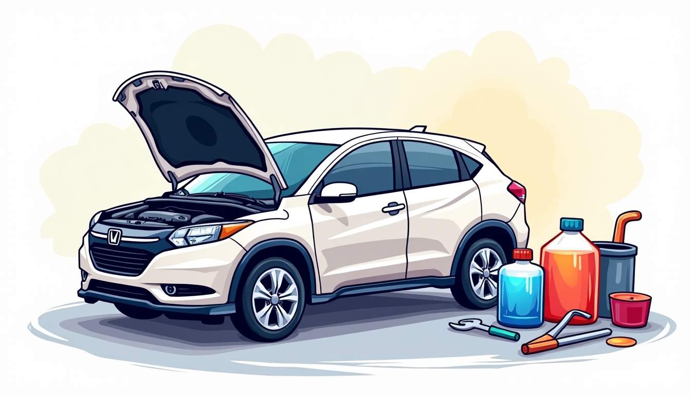 a car with its hood open, showcasing a gleaming new radiator and a coolant flush process, surrounded by tools and vibrant coolant fluid to highlight the services being discussed, hand-drawn abstract illustration for a company blog, white background, professional, minimalist, clean lines, faded colors
