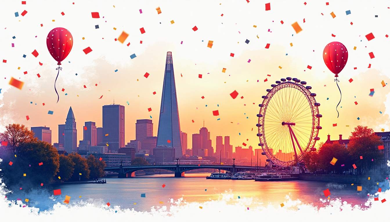 a vibrant London skyline at sunset, featuring iconic landmarks like the Shard and the London Eye, with various event-related elements such as balloons, banners, and confetti subtly integrated into the scene to convey a festive atmosphere, hand-drawn abstract illustration for a company blog, white background, professional, minimalist, clean lines, faded colors