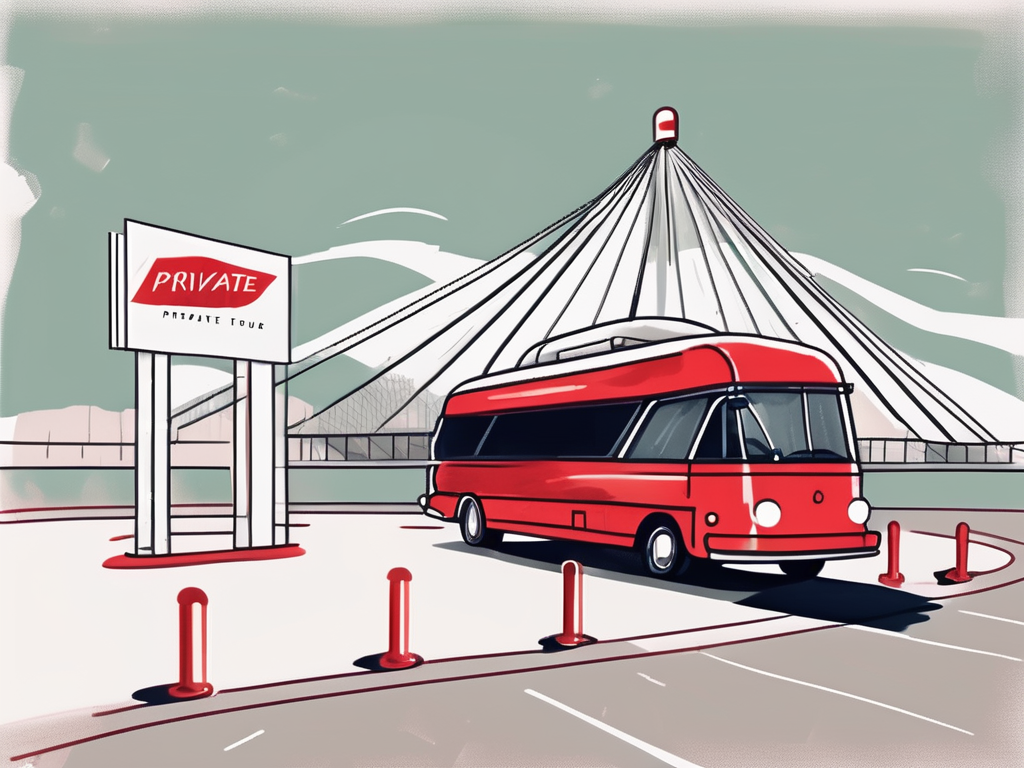 a private tour vehicle parked outside an iconic, closed-off attraction, with a red velvet rope indicating exclusive access, hand-drawn abstract illustration for a company blog, white background, professional, minimalist, clean lines, faded colors