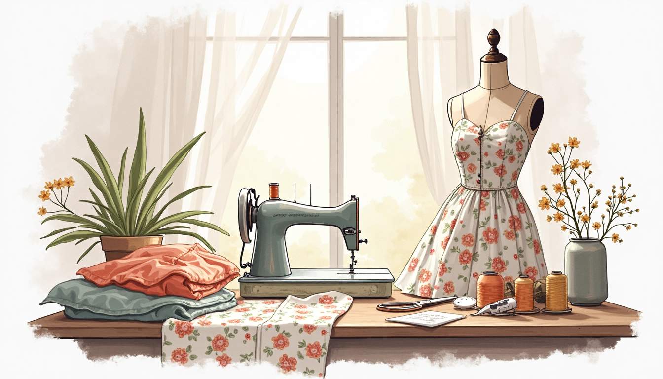 Brief: Draw an illustration of a cozy sunlit sewing table scattered with bolts of floral-printed cotton fabric, spools of thread, vintage scissors, a dressmaker's mannequin draped in a partially pinned cotton dress (no visible face or body), and a few pressed flowers and pattern pieces arranged artfully around the workspace, hand-drawn abstract illustration for a company blog, white background, professional, minimalist, clean lines, faded colors