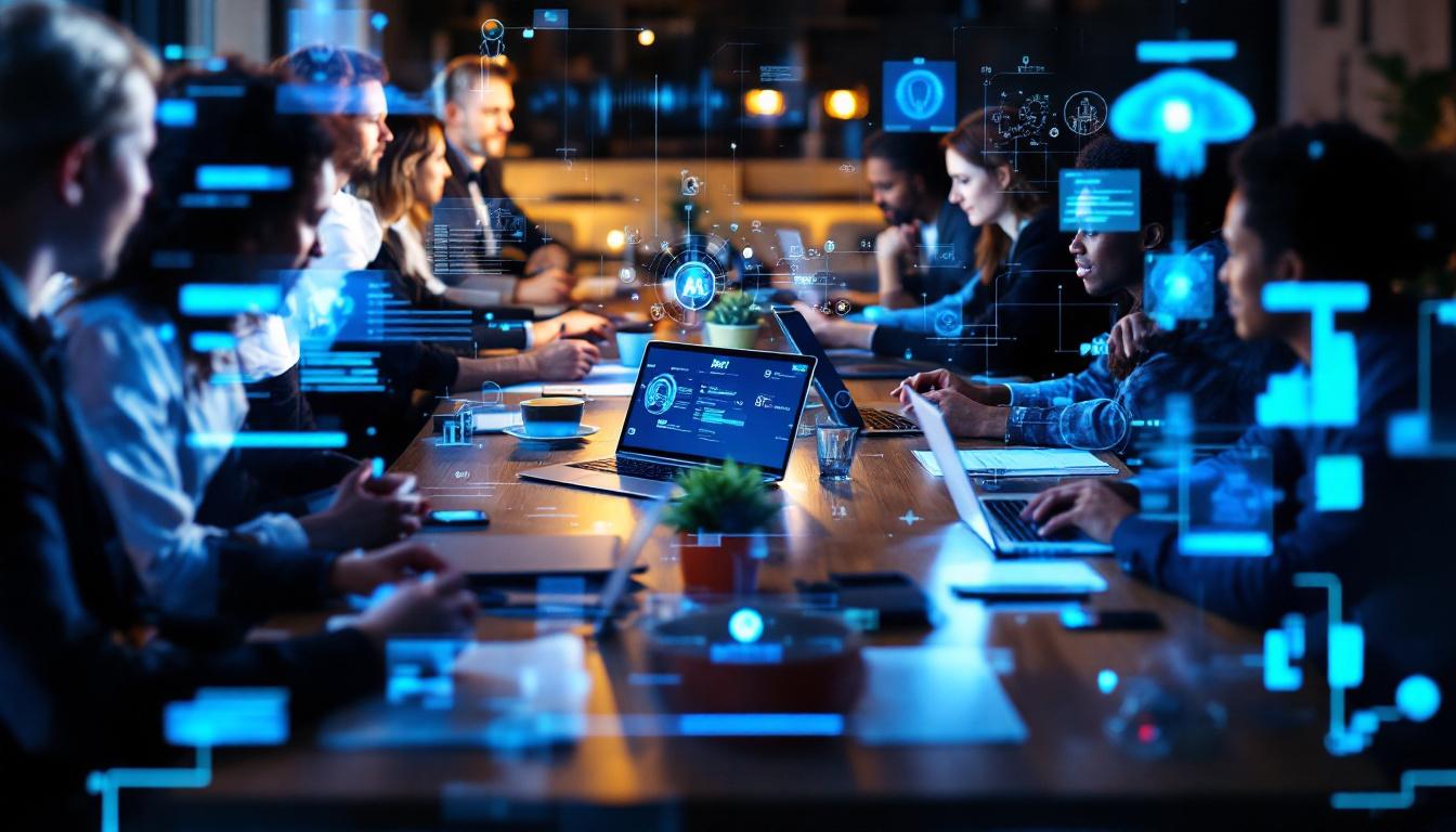 Et team som jobber med datadrevne løsninger rundt et konferansebord, omgitt av holografiske KI-elementer som illustrerer hvordan kunstig intelligens allerede påvirker dagens arbeidsliv.