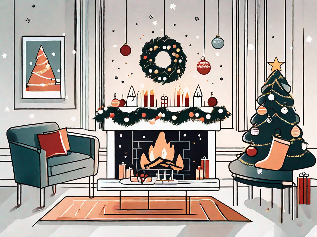 a festive living room scene, featuring a decorated Christmas tree with popular ornaments such as stars, baubles, and tinsel, a fireplace adorned with stockings, and a table with a seasonal centerpiece, hand-drawn abstract illustration for a company blog, white background, professional, minimalist, clean lines, faded colors