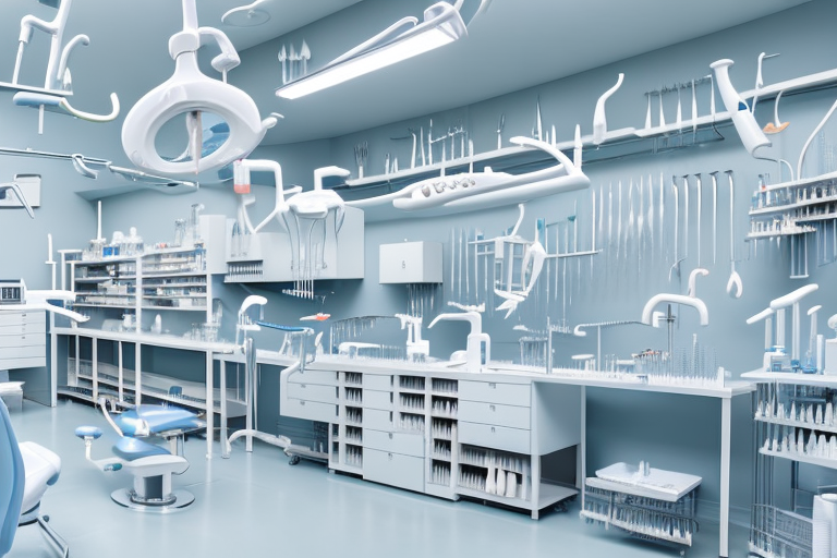 a dental warehouse filled with neatly organized shelves of dental equipment and tools, with arrows indicating a streamlined flow from the warehouse to a simplified representation of a dental clinic, hand-drawn abstract illustration for a company blog, in style of corporate memphis, faded colors, white background, professional, minimalist, clean lines