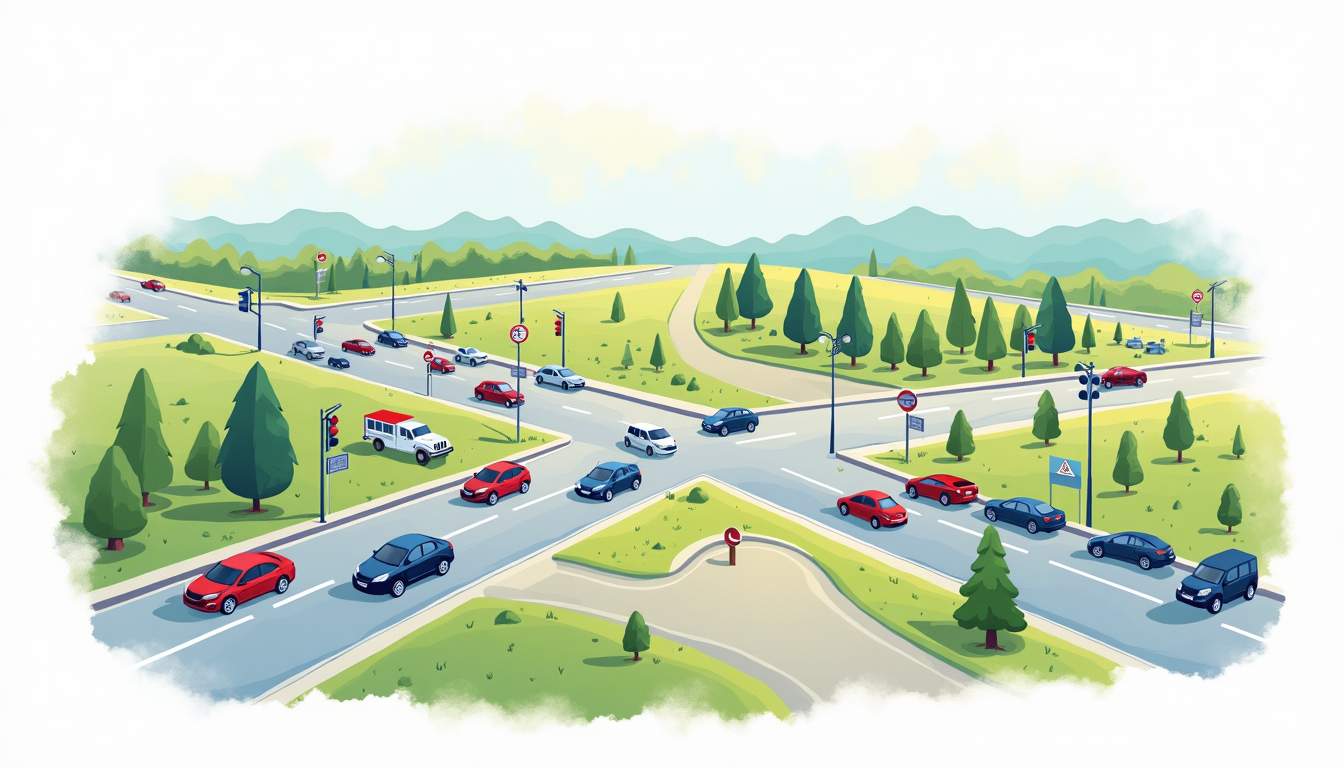 a diverse array of driving scenarios, such as a busy city intersection, a winding country road, and a parking lot, showcasing various road signs, traffic signals, and environmental elements like trees and buildings to emphasize the different challenges faced in driver education, hand-drawn abstract illustration for a company blog, white background, professional, minimalist, clean lines, faded colors