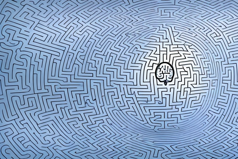 a brain-shaped maze with a small figure of a child at the entrance, and various educational symbols like books, a microscope, a globe, and a musical note scattered along the path inside the maze, hand-drawn abstract illustration for a company blog, in style of corporate memphis, faded colors, white background, professional, minimalist, clean lines