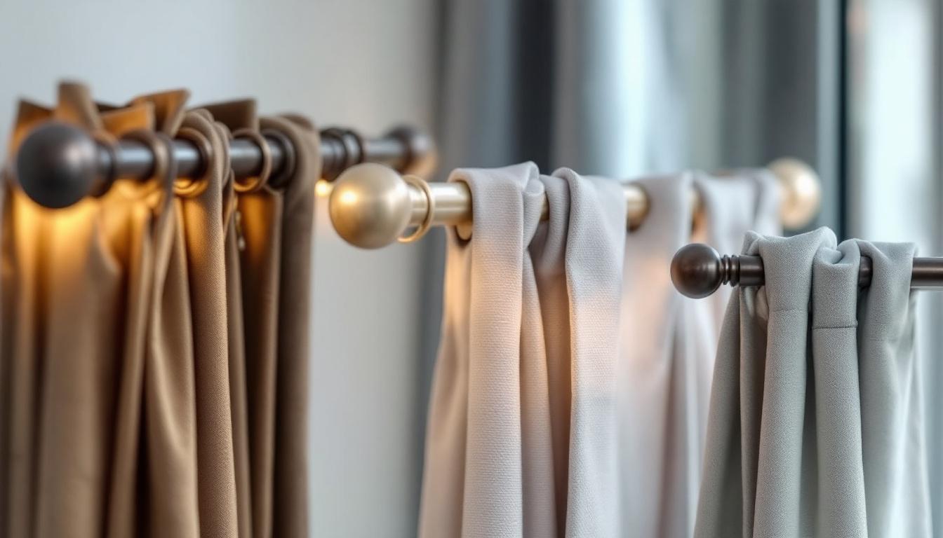 Dwa metalowe karnisze z brązowymi i beżowymi zasłonami, oświetlone ciepłym światłem.