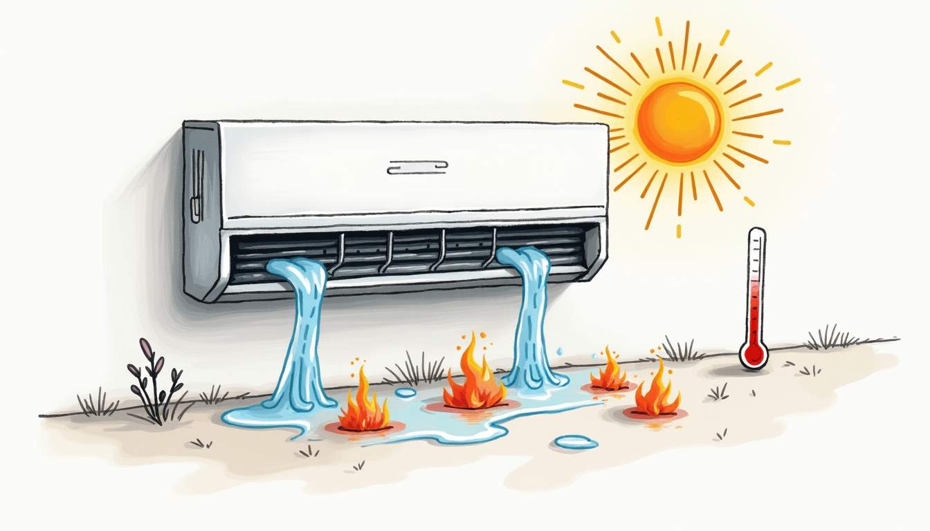 an air-conditioning unit with visible signs of distress, such as leaking water, unusual noises depicted as sound waves, and a thermometer showing high temperatures, all set against a backdrop of a hot, sunlit environment, hand-drawn abstract illustration for a company blog, white background, professional, minimalist, clean lines, faded colors
