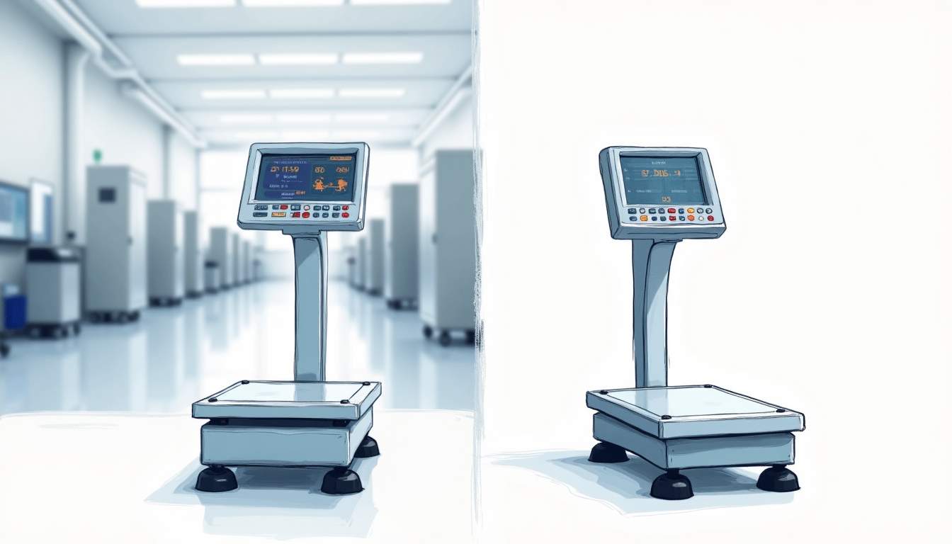 a precision scale prominently displayed in a clean industrial environment on one side, and a sleek medical setting on the other, showcasing the scale's versatility and accuracy in both applications, with subtle details like calibration weights and measurement indicators, hand-drawn abstract illustration for a company blog, white background, professional, minimalist, clean lines, faded colors