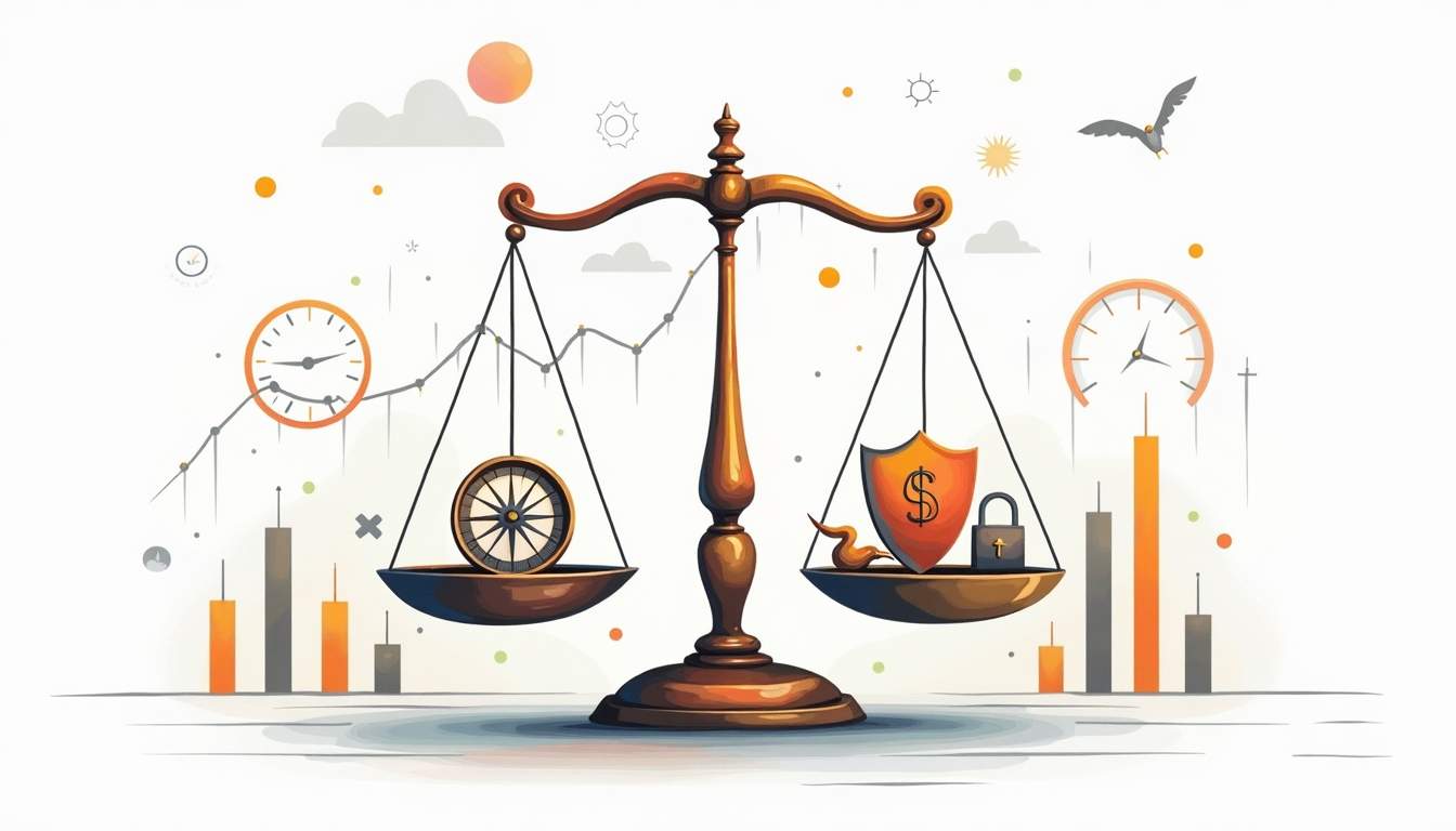 an open balance scale, with one side representing independence through symbols like a compass and a free bird, and the other side representing integrity with symbols like a shield and a lock, set against a backdrop of financial charts and graphs, hand-drawn abstract illustration for a company blog, white background, professional, minimalist, clean lines, faded colors