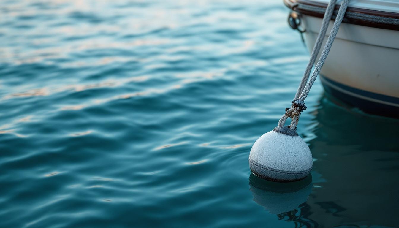 A white mooring buoy attached to a vessel’s rope, floating on calm blue water and showing how the buoy supports the boat’s mooring line.