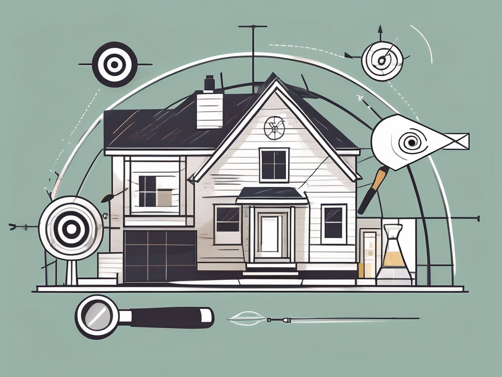 a symbolic representation of a house with a bullseye on it, surrounded by various marketing tools like a magnifying glass, a dart, and a digital marketing funnel, hand-drawn abstract illustration for a company blog, white background, professional, minimalist, clean lines, faded colors